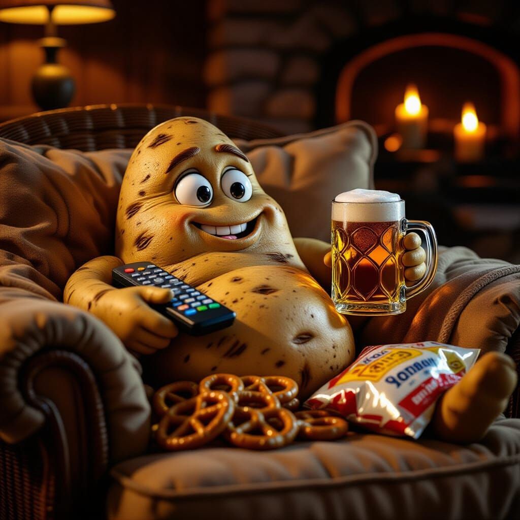 Anthropomorphic Potato Relaxing on Couch with Beer and Pretz...