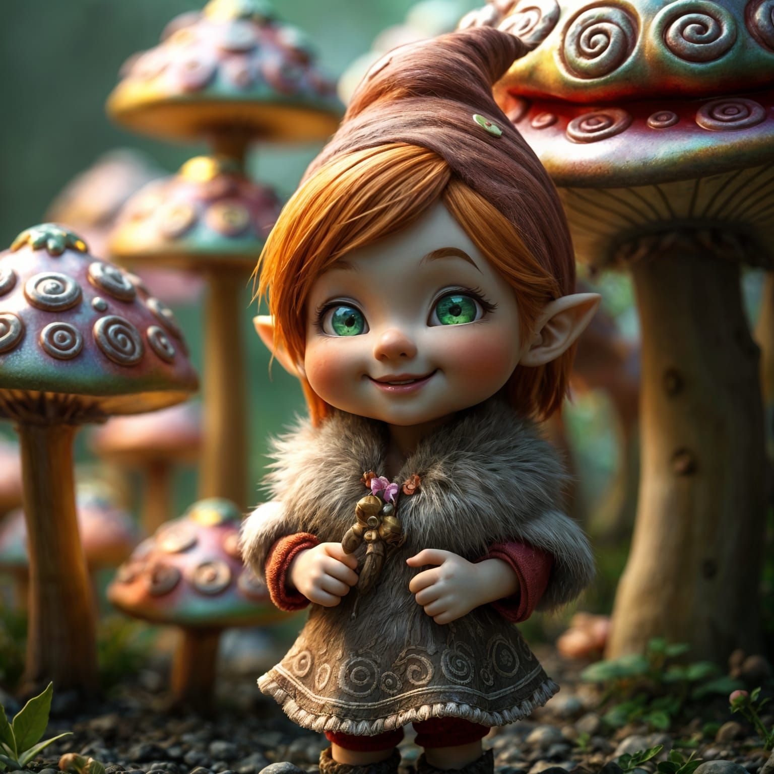 Whimsical Gnome Girl in Mystical Mushroom Garden