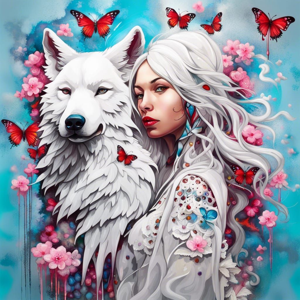 white wolves and woman