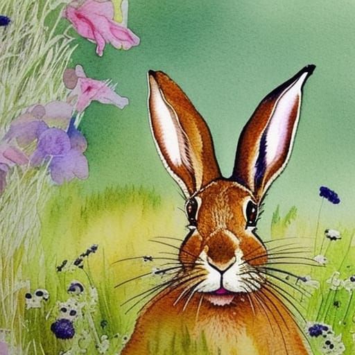 Cute Hare in Meadow: Watercolour Painting