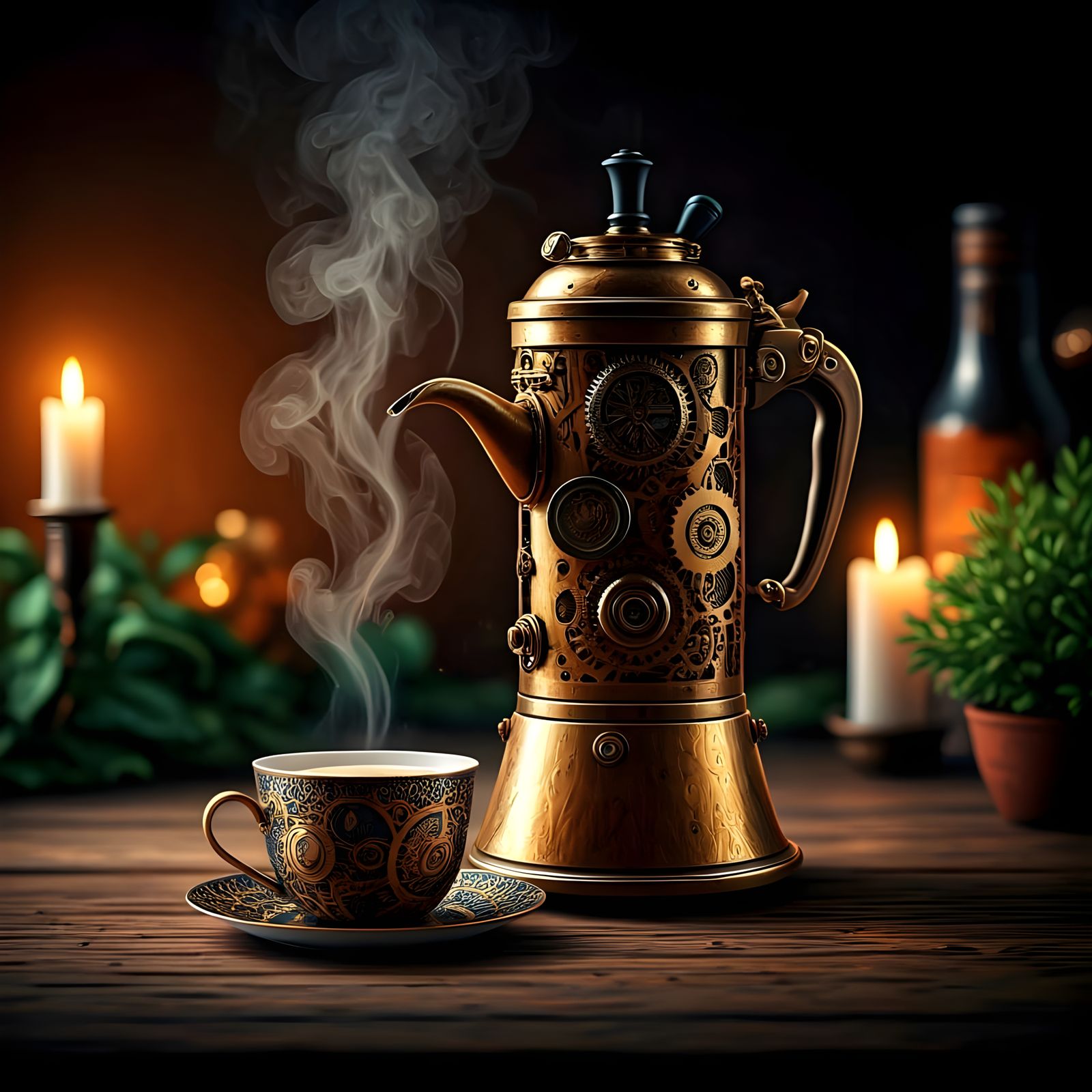 Stunning Steampunk Coffee Scene in Fantasy Realism