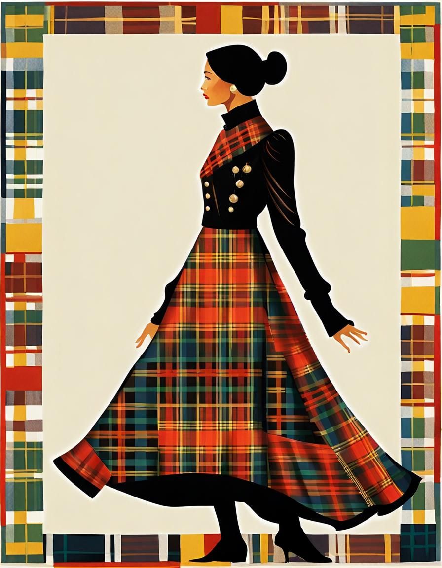 Colorful Tartan Dress Framed by Whirling Shapes