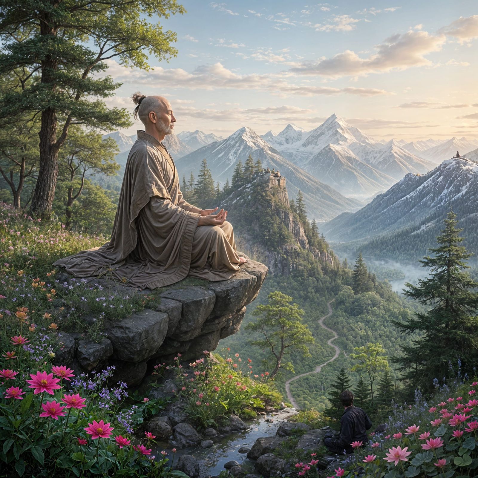 Zen Master Meditating on Mountain Peak in Spring Morning