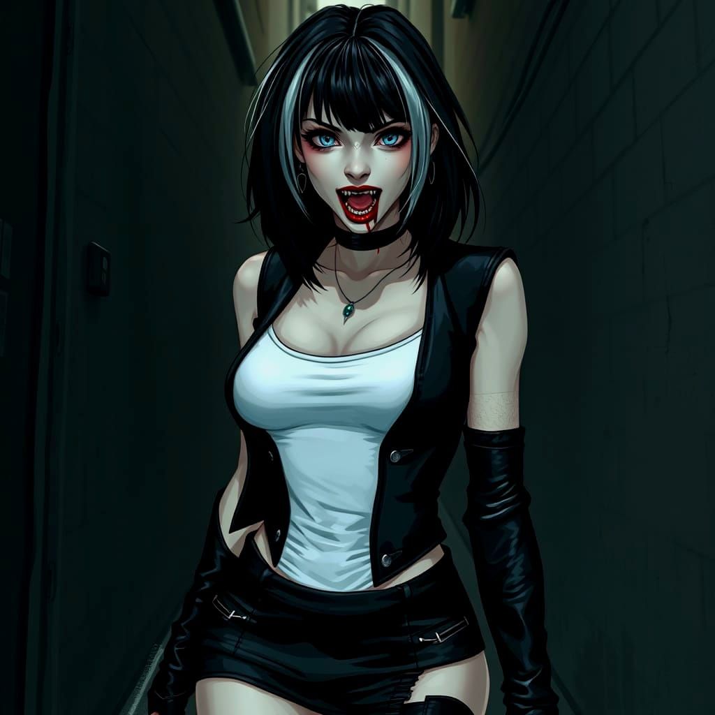 Gothic Vampire Stalks Prey in Dark Alley