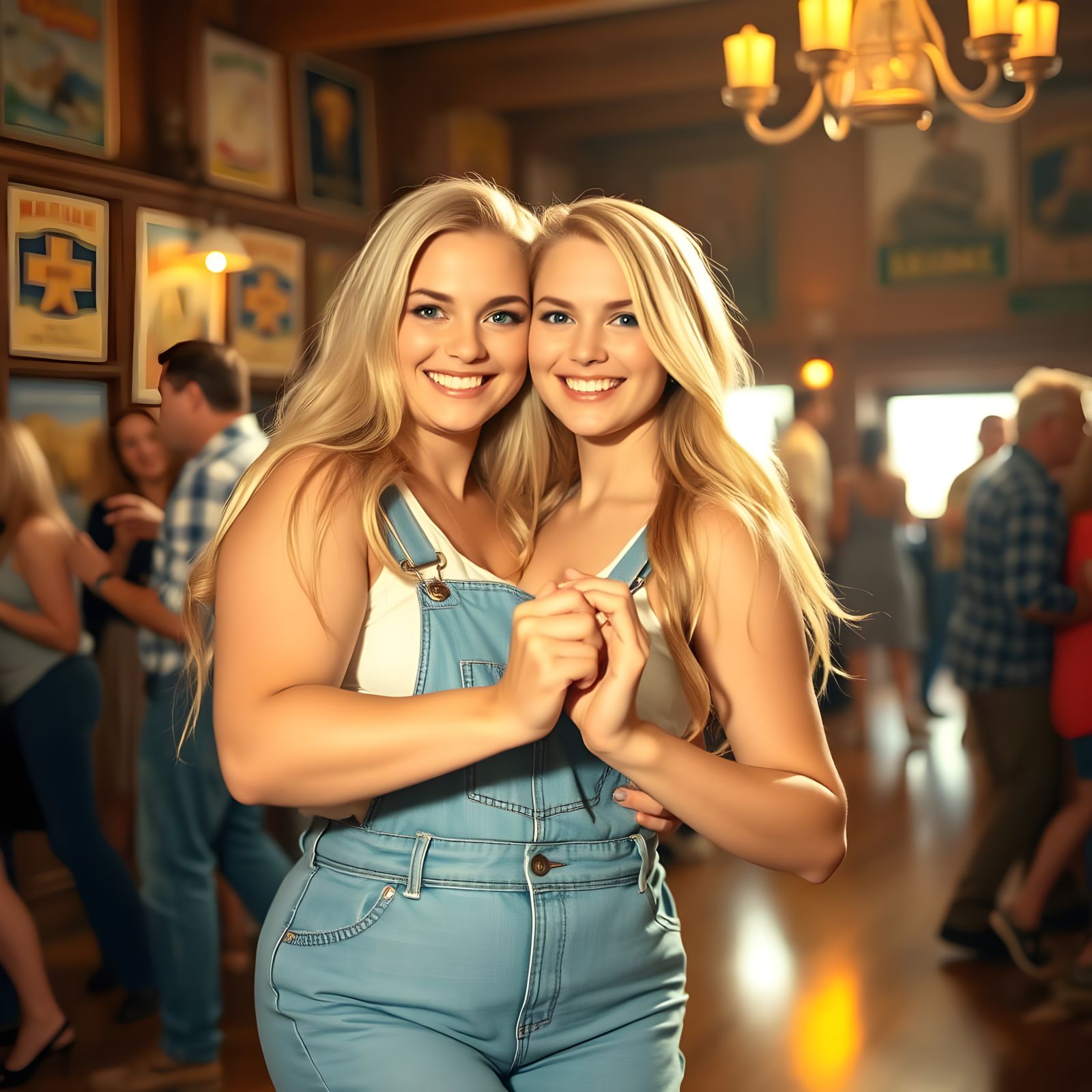 Chubby Blonde Woman Dances in Blue Overalls at Local Gatheri...