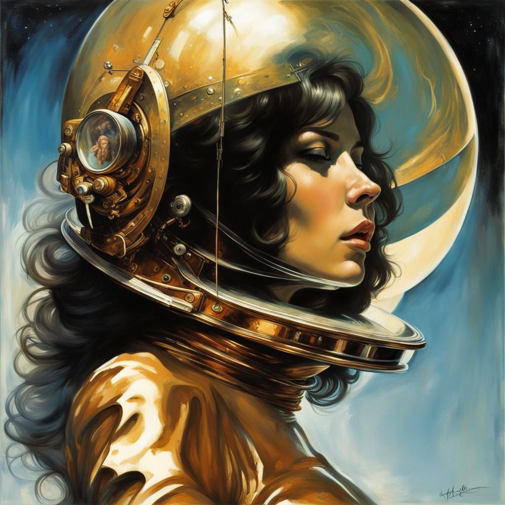 Astronaut in Space Reflecting Woman, Fine Art Illustration