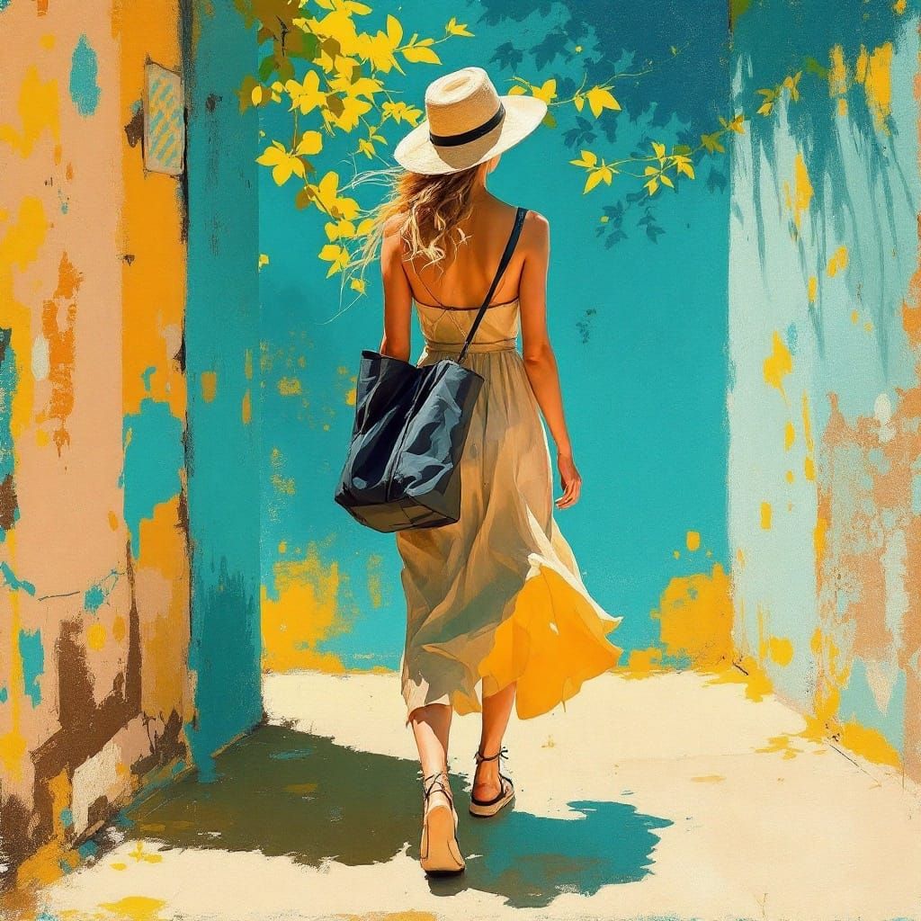 Woman Walks in Sunlit Street, Expressionist Style