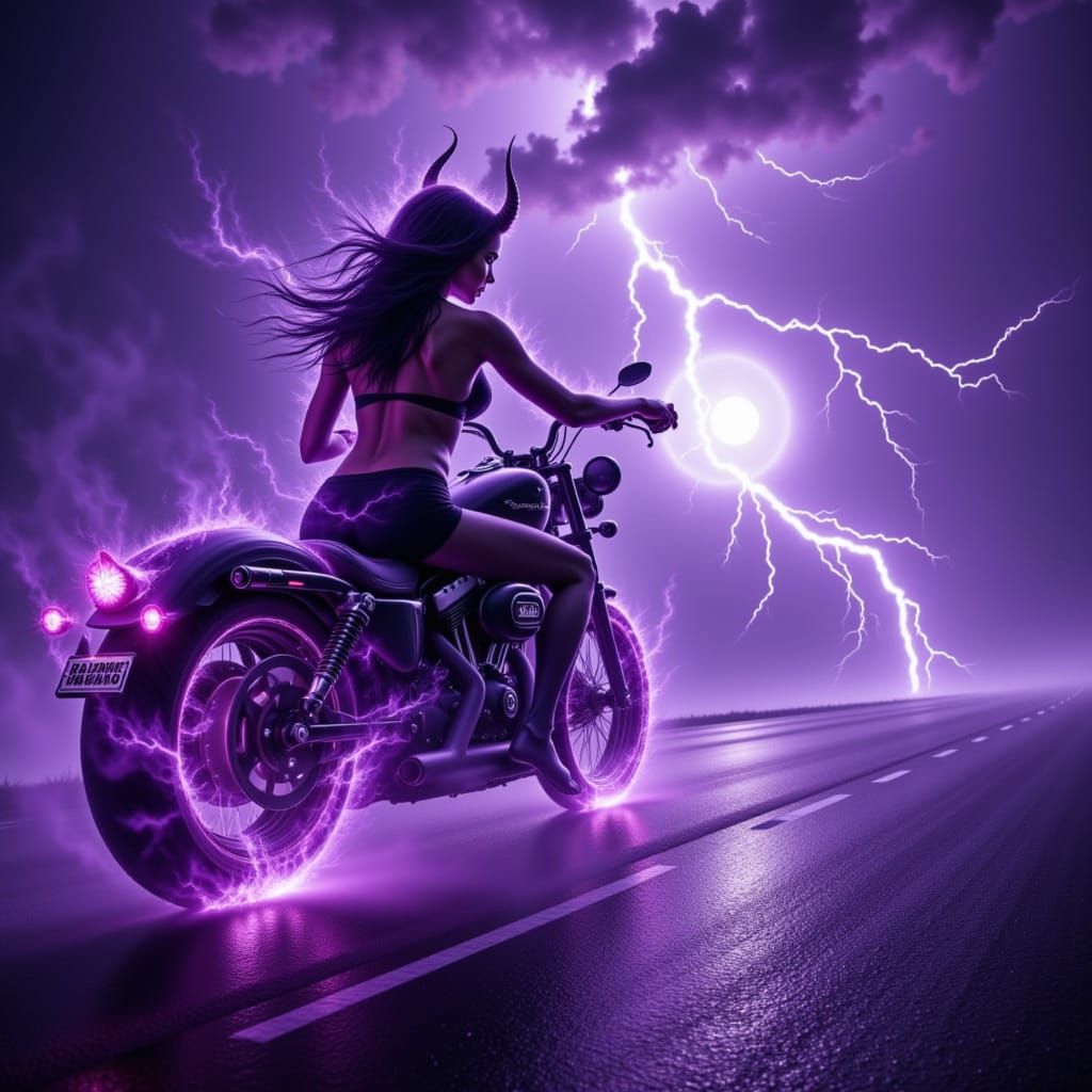 Purple Devil Woman Rides Harley Through Fiery Highway