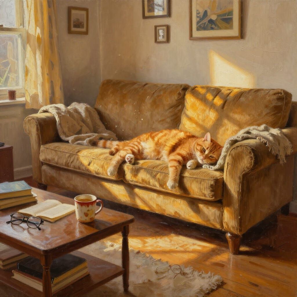 Orange Tabby Cat Sprawls on Couch in Golden Hour Light