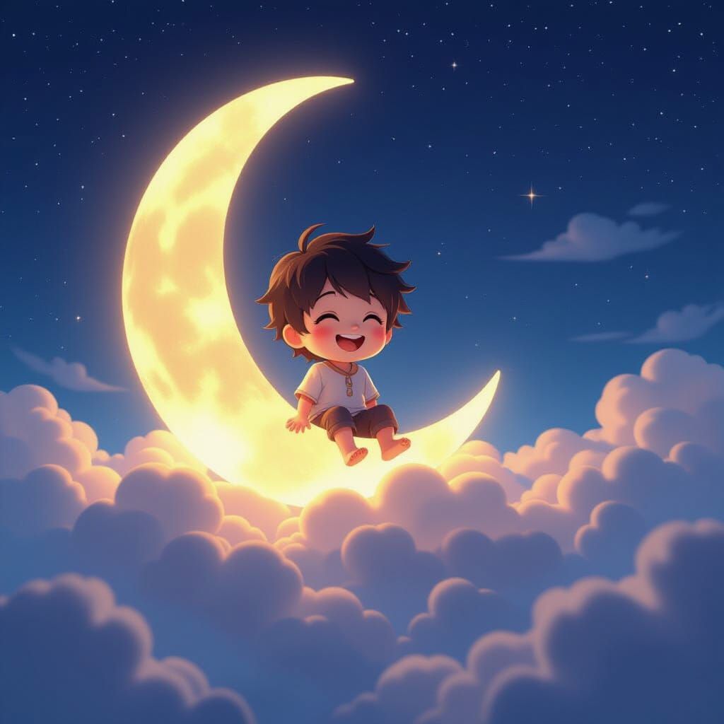 Child Eating Moon in Starry Sky