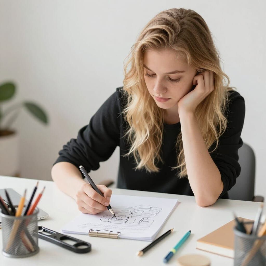 Blond Girl with Creative Tools on Table
