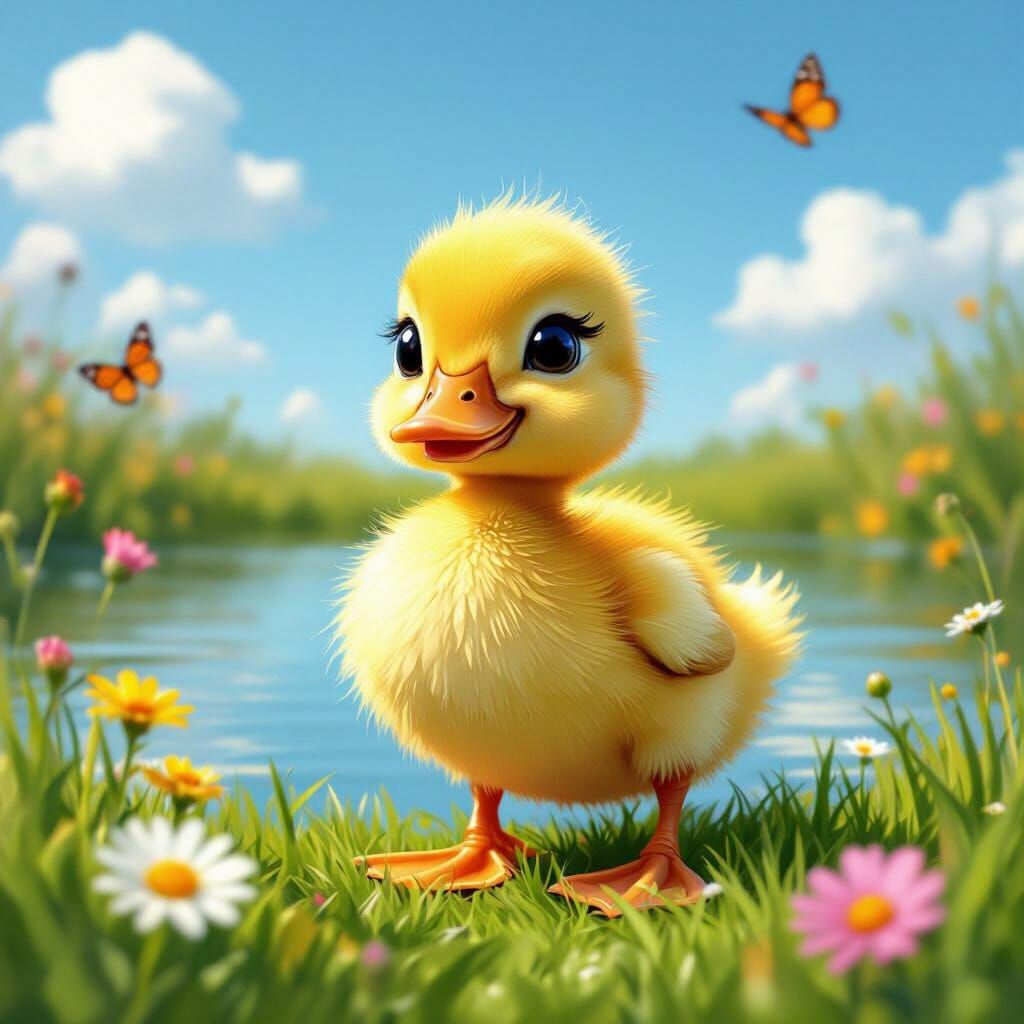 Adorable Duckling in Grassy Field, Children's Book Illustrat...