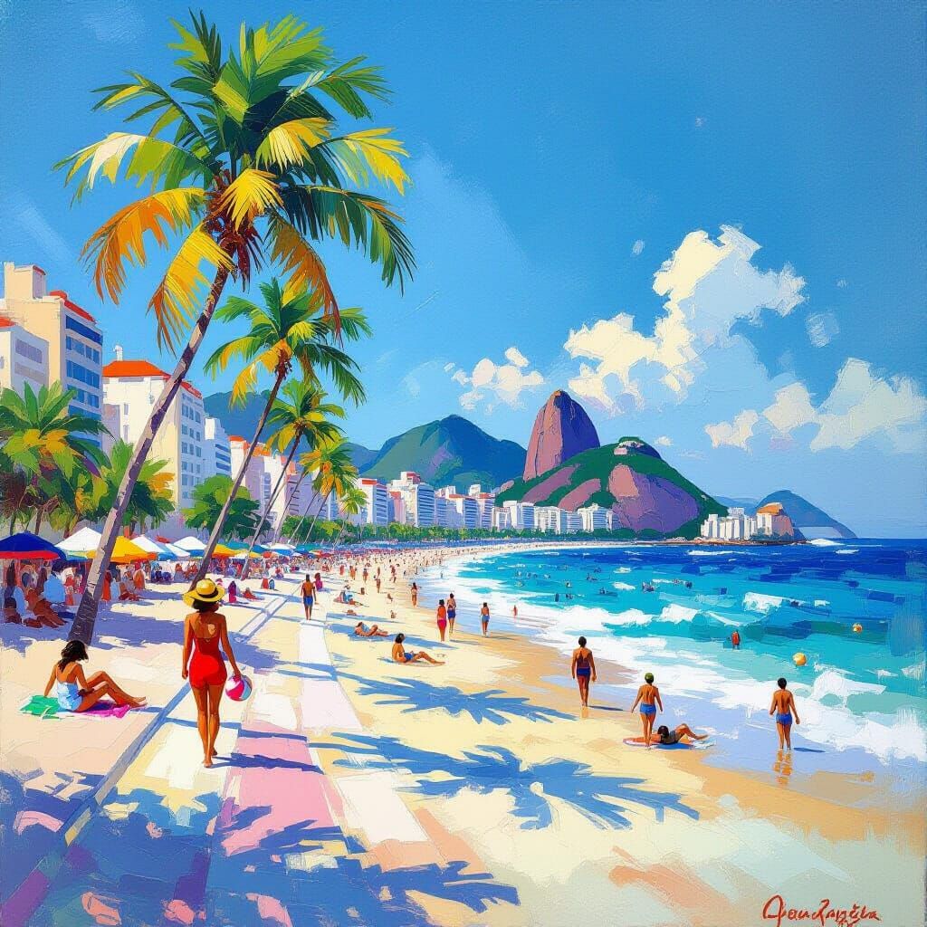 Vibrant Copacabana Beach Scene in Impressionistic Style