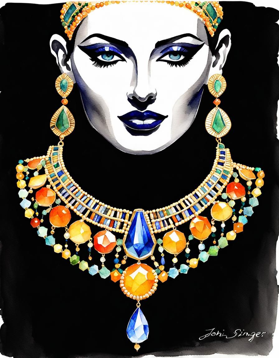 Egyptian-Inspired Beaded Necklace in Watercolor Style