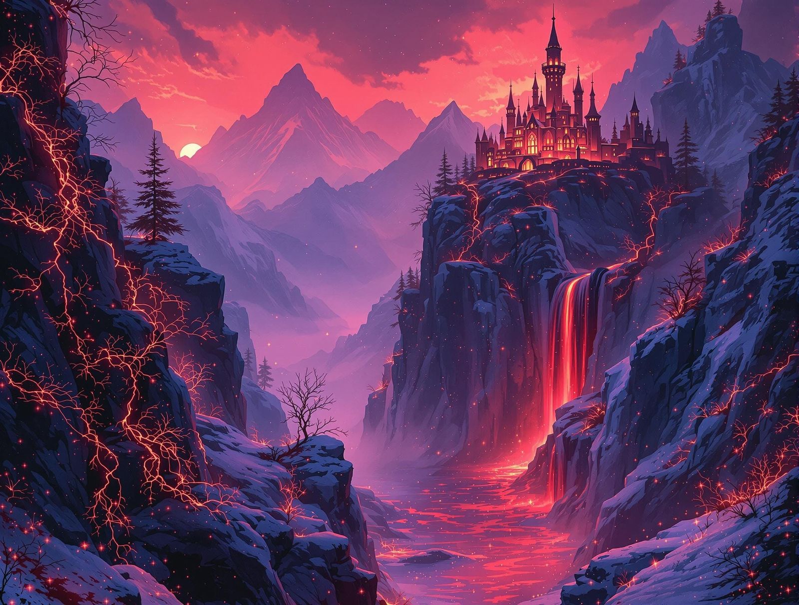 Crimson Fantasy Castle in Twilight Mountain Gorge