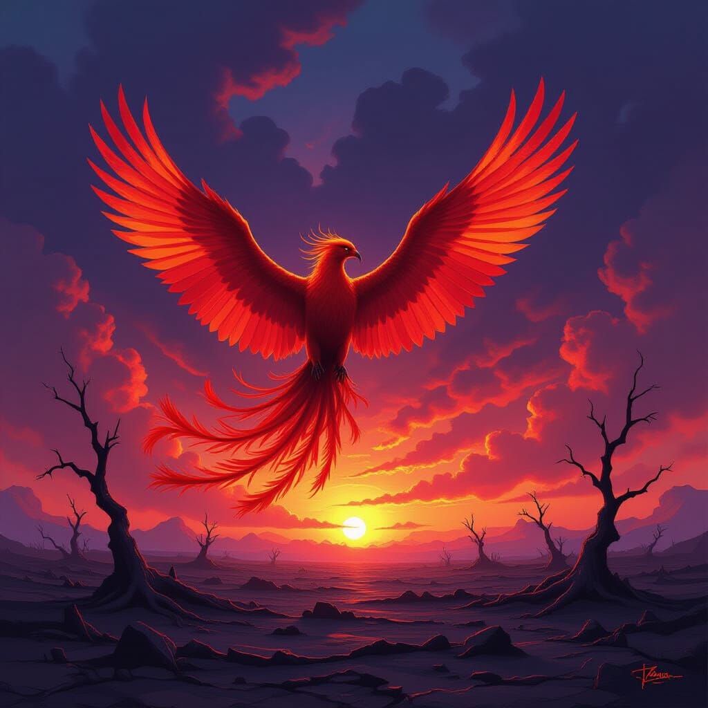 Majestic Phoenix Rises from Ashy Wasteland in Dramatic Style