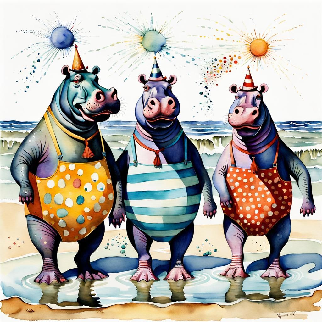 Hippo Beach Party in Quentin Blake Style