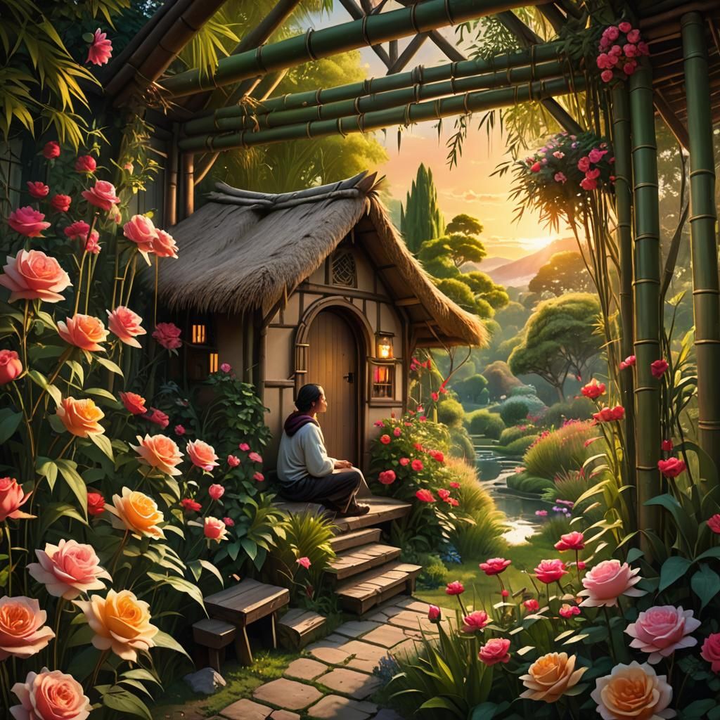 English Garden View from Cozy Hut in Fantasy Art
