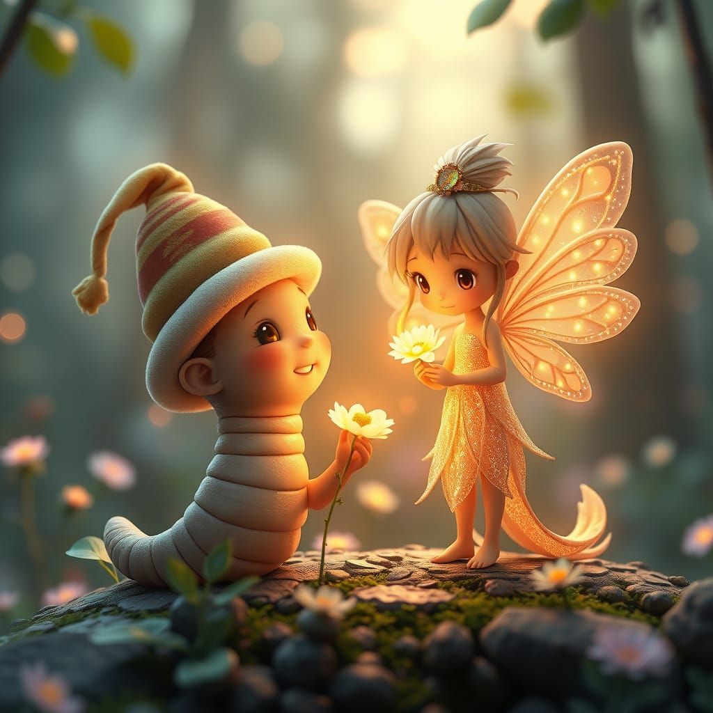 Worm in Hat Meets Radiant Fairy in Magical Forest