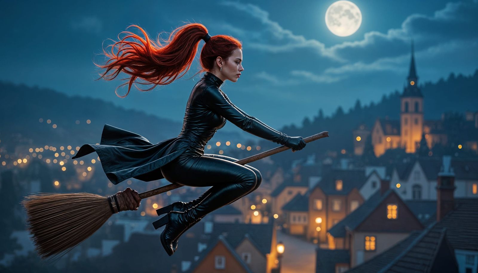 Photorealistic Witch Flying Fast Over Town at Night