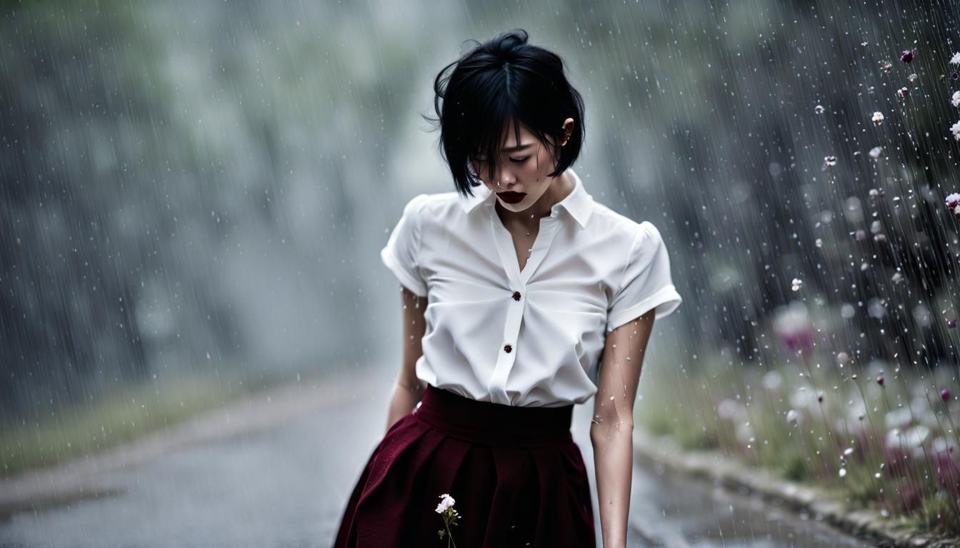 Sad Asian Woman in Rain, Cross Hatching Drawing