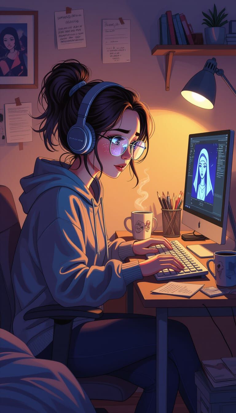 Cozy Gamer Girl in a Dimly Lit Room