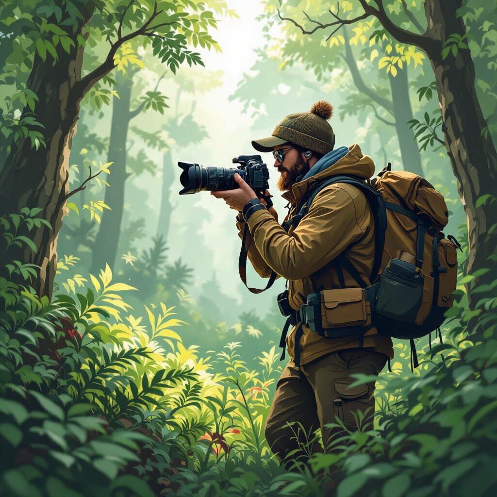 Wildlife Photographer Filming in Lush Forest, Digital Painti...