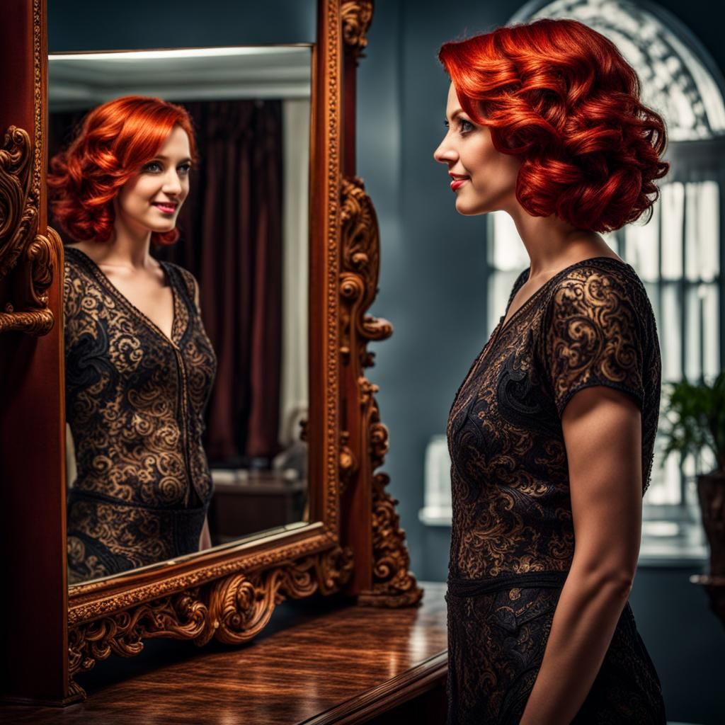 Hyperrealistic Woman with Red Hair Gazing in Mirror