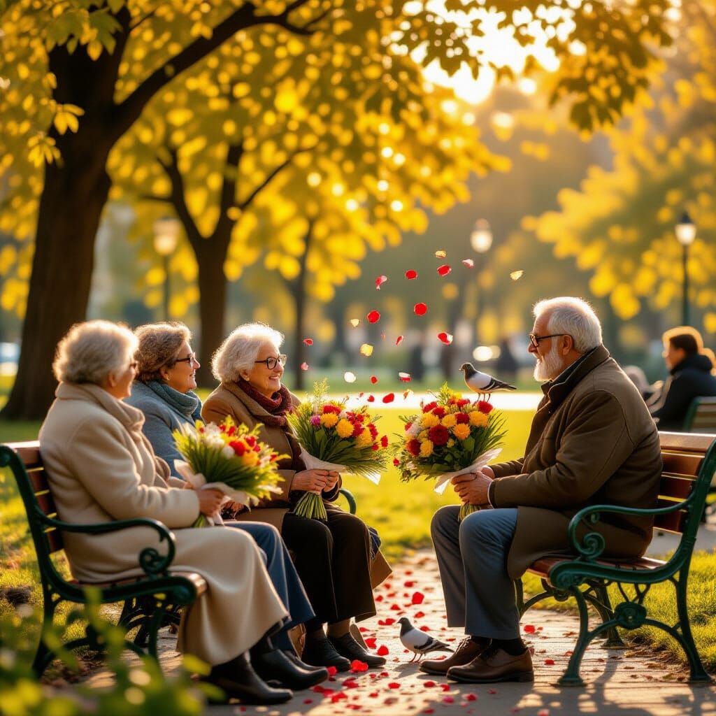Heartwarming Scene of Man Giving Flowers to Elderly Women