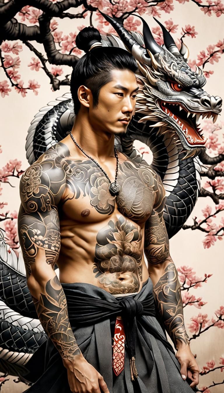 Japanese Warrior with Dragon Tattoo in Ukiyo-e Style