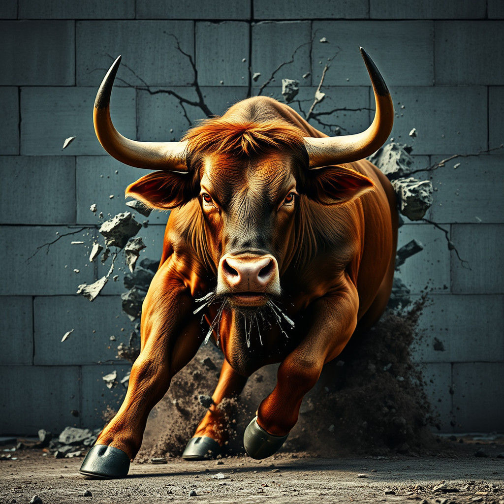 Majestic Bull Shatters Horns on Concrete Wall