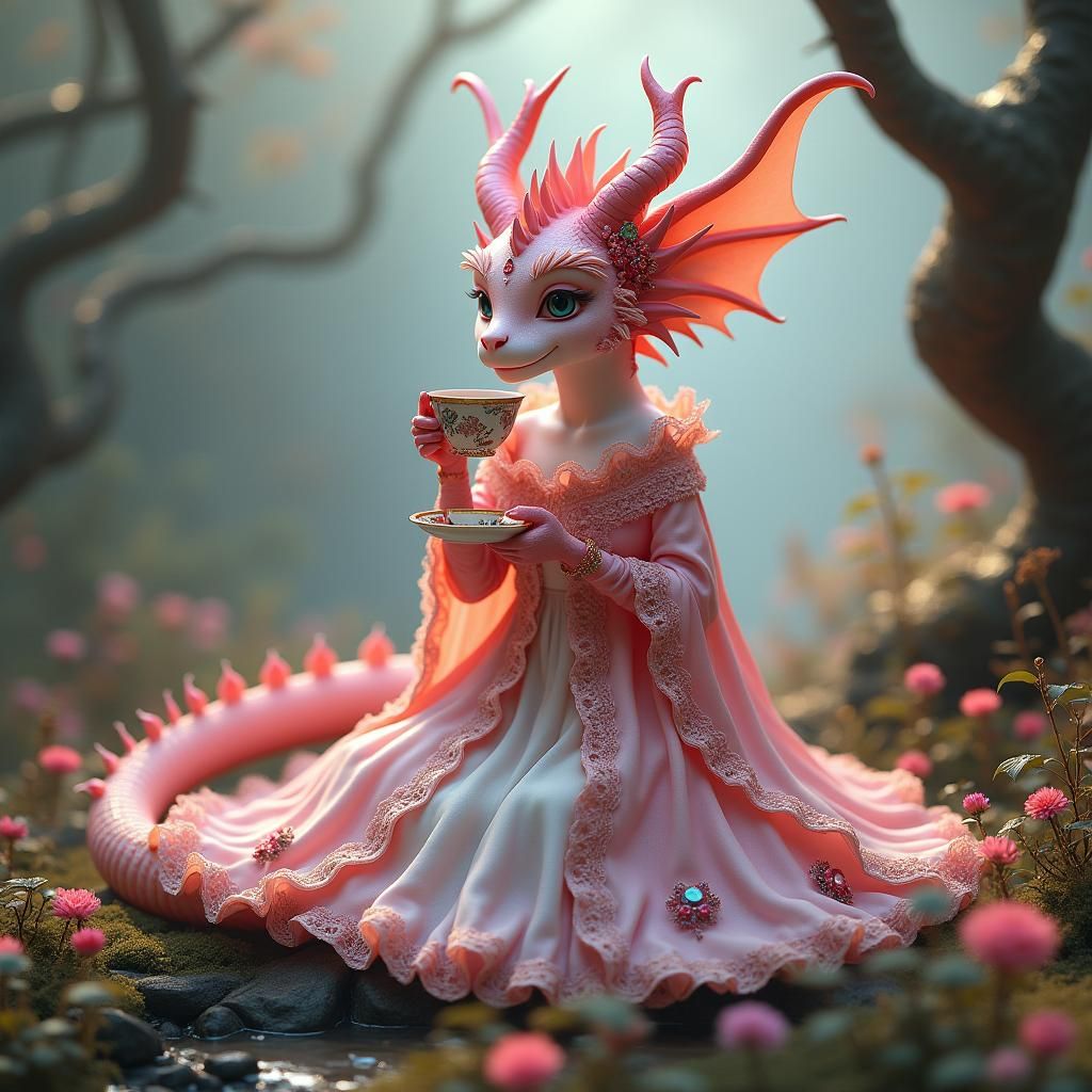 Pink Dragon Sipping Tea in Mystic Realm
