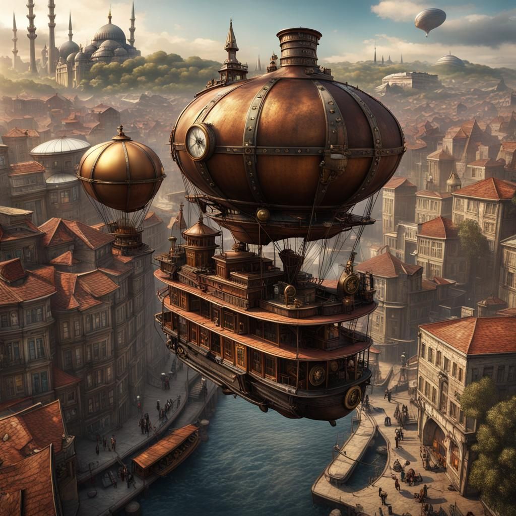 Steampunk Istanbul Aerial View: Clockwork Contraptions and A...