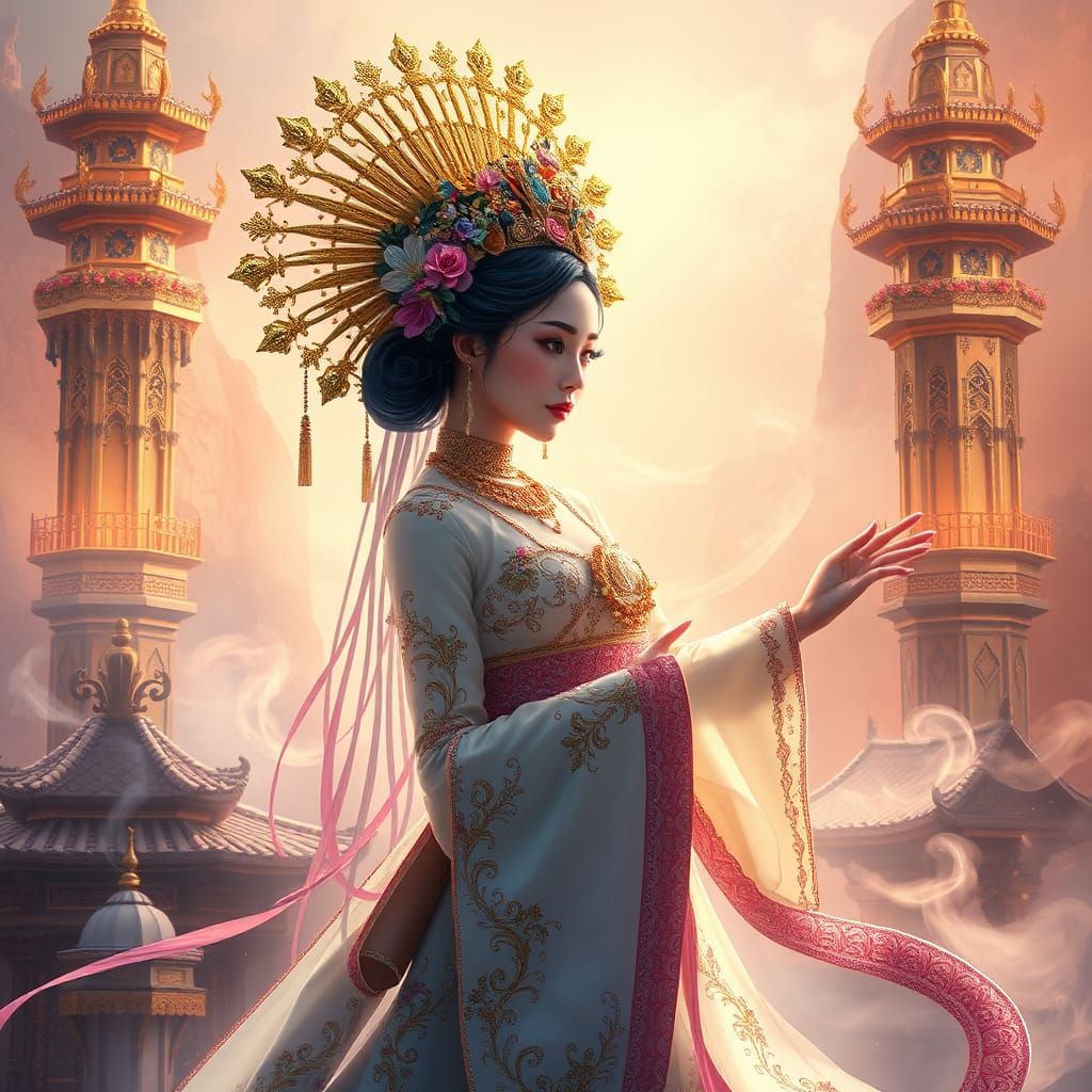 Woman in Baba-Nyonya Costume with Golden Towers