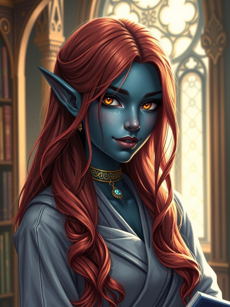 Fantasycore Dark Elf Librarian in Opulent Setting