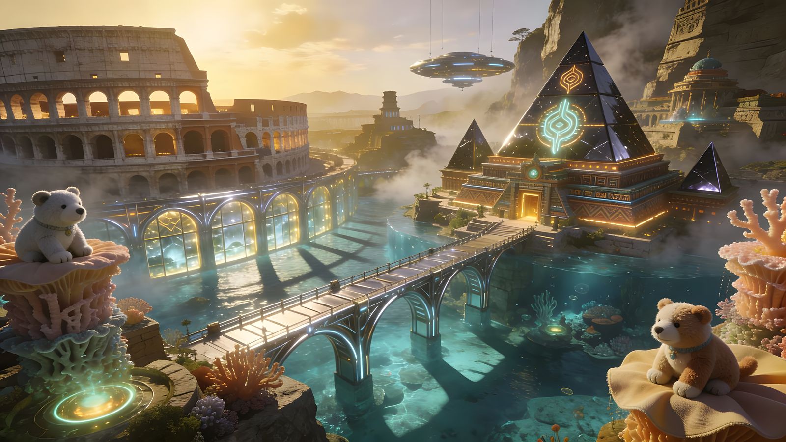 Futuristic Colosseum and Atlantis Cityscape with Plush Guard...