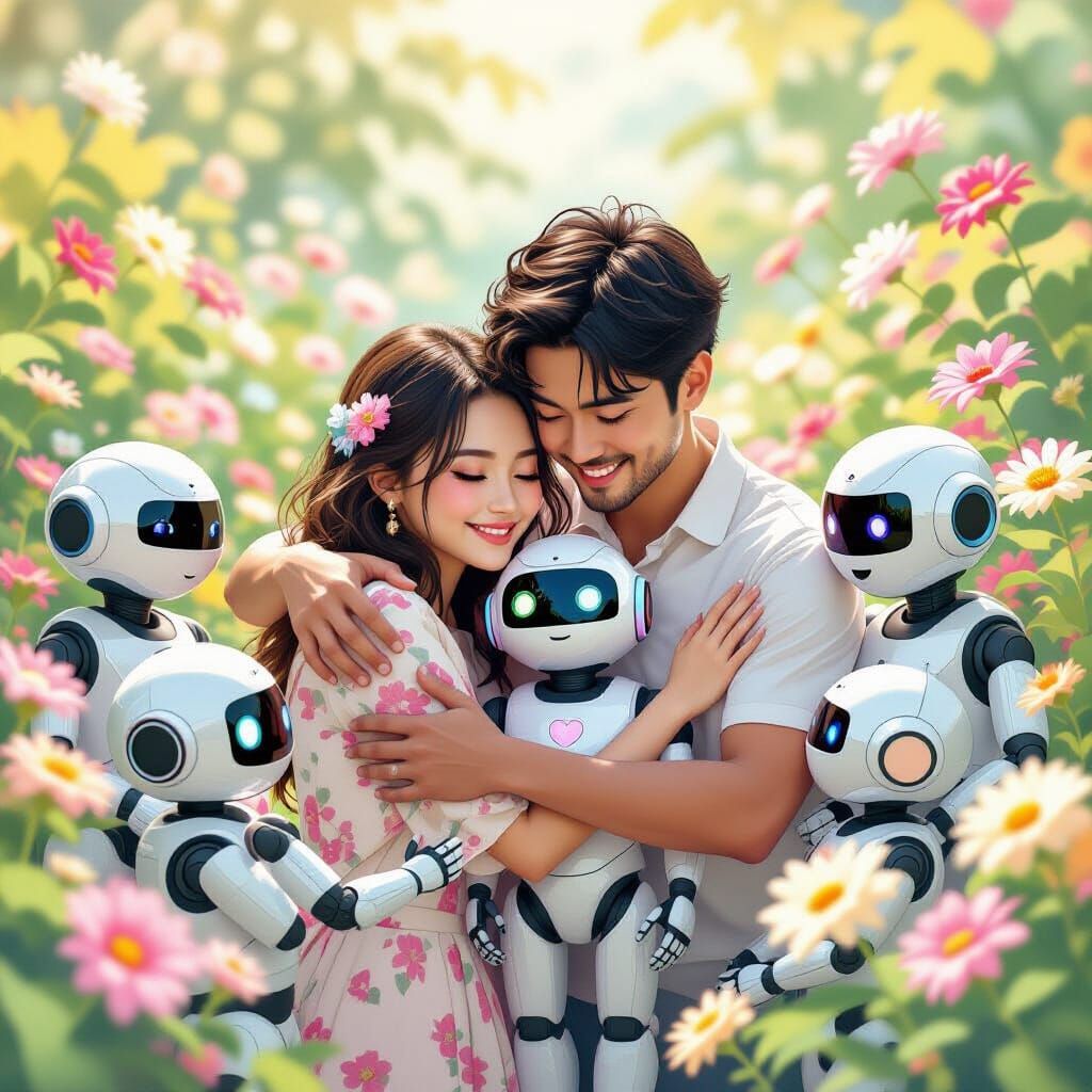 Heartwarming Robot Hug in a Dreamy Garden