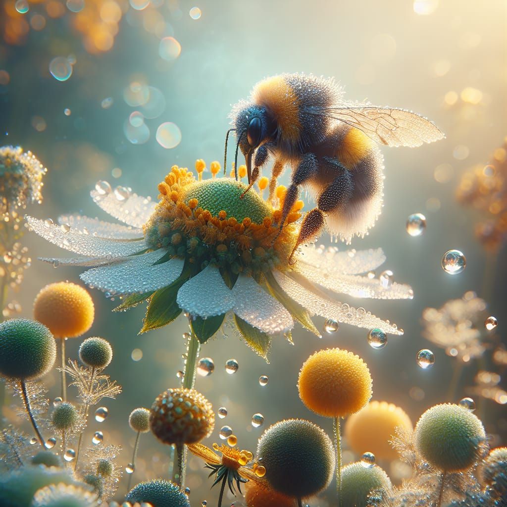 Vibrant Bumblebee Amidst Pollen and Delicate Dew