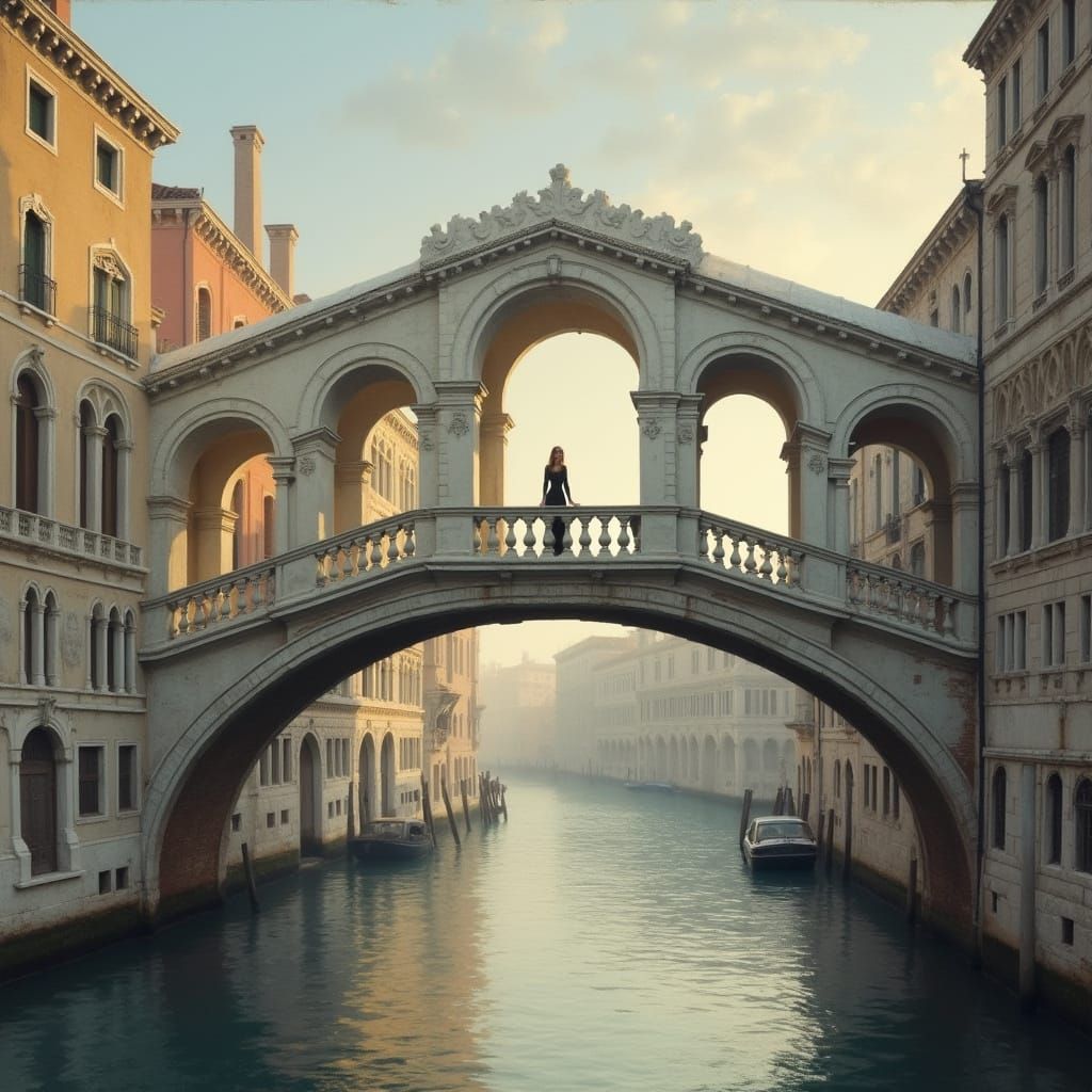 Venice Twilight: Serene Woman on Rialto Bridge