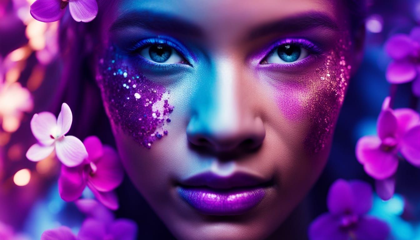 Glamorous Celestial Goddess with Neon Orchids and Glittering...