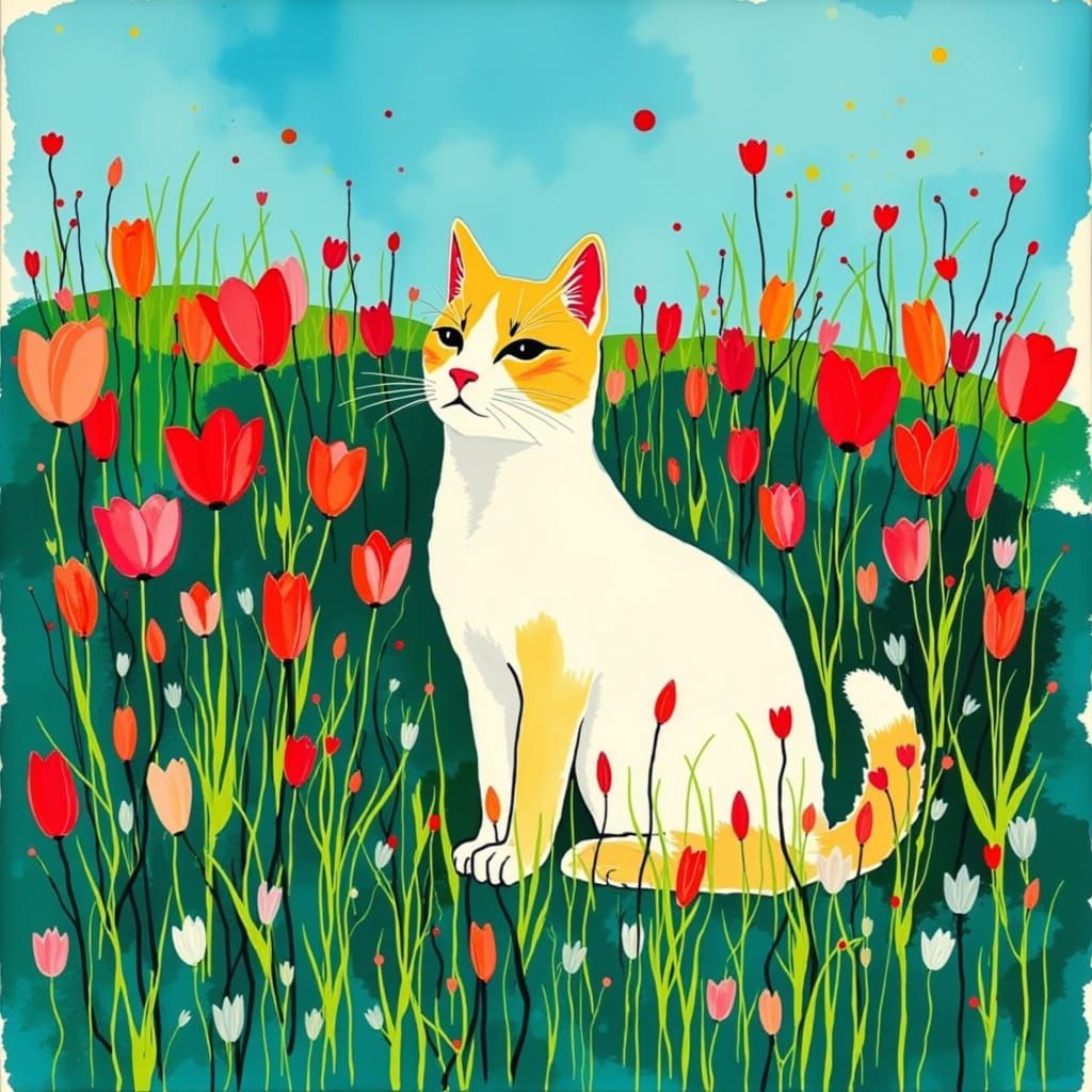Cat in Garden Under Azure Sky
