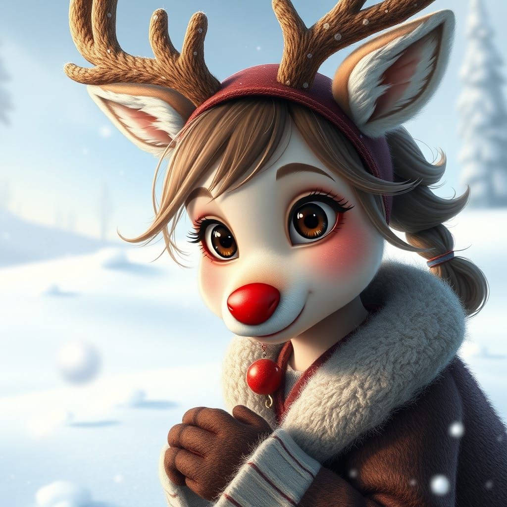 Serene Reindeer Girl in Snowy Landscape