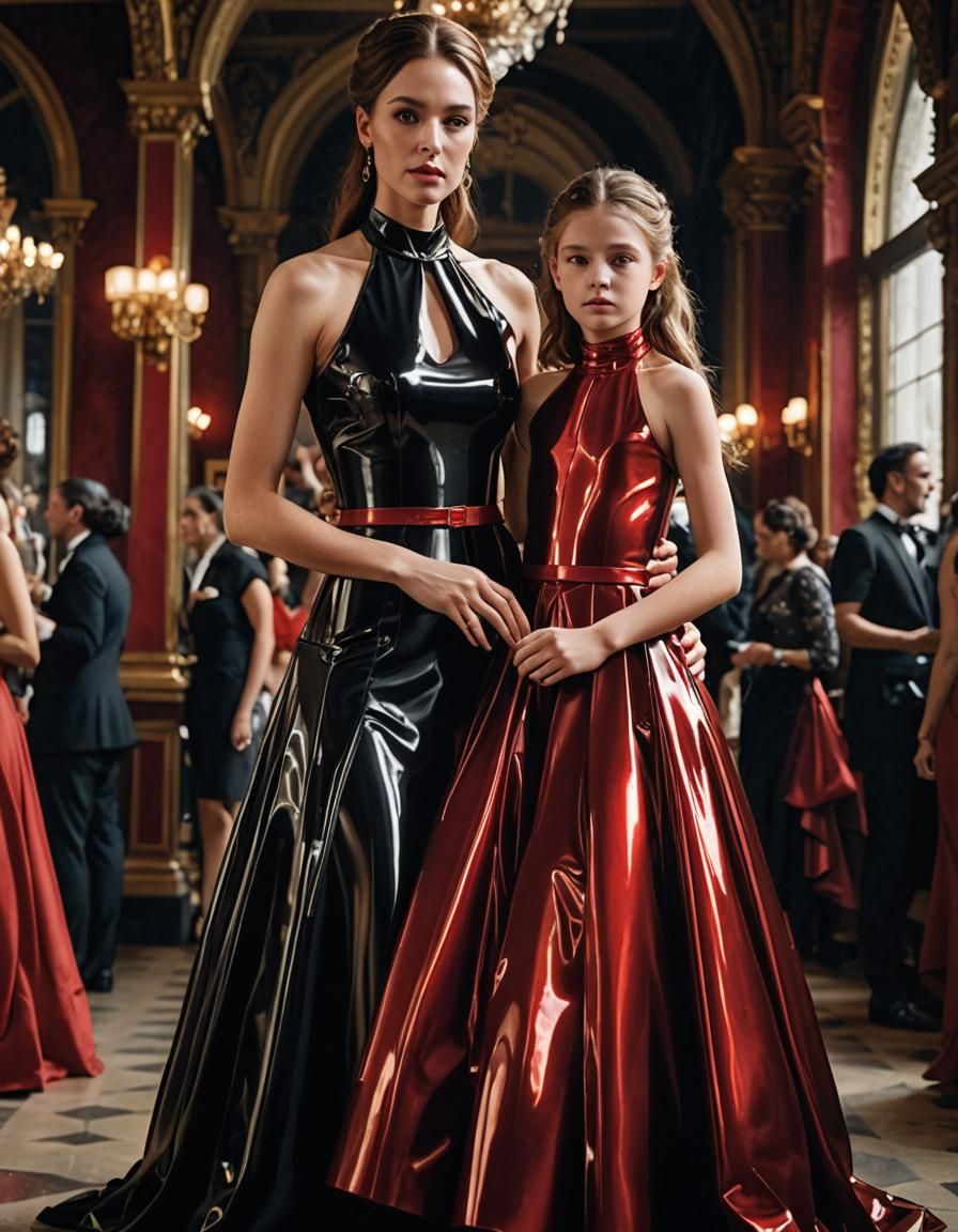Mother and Daughter in Matching Plastic Ballgowns