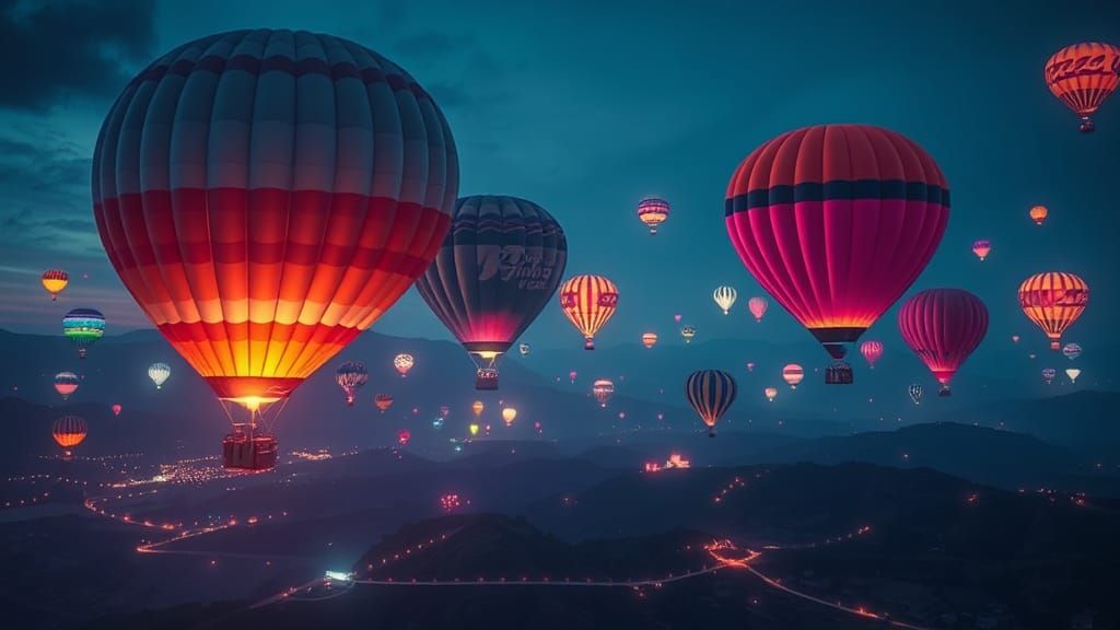 Fluorescent Hot Air Balloons Over Hills: 16K Render