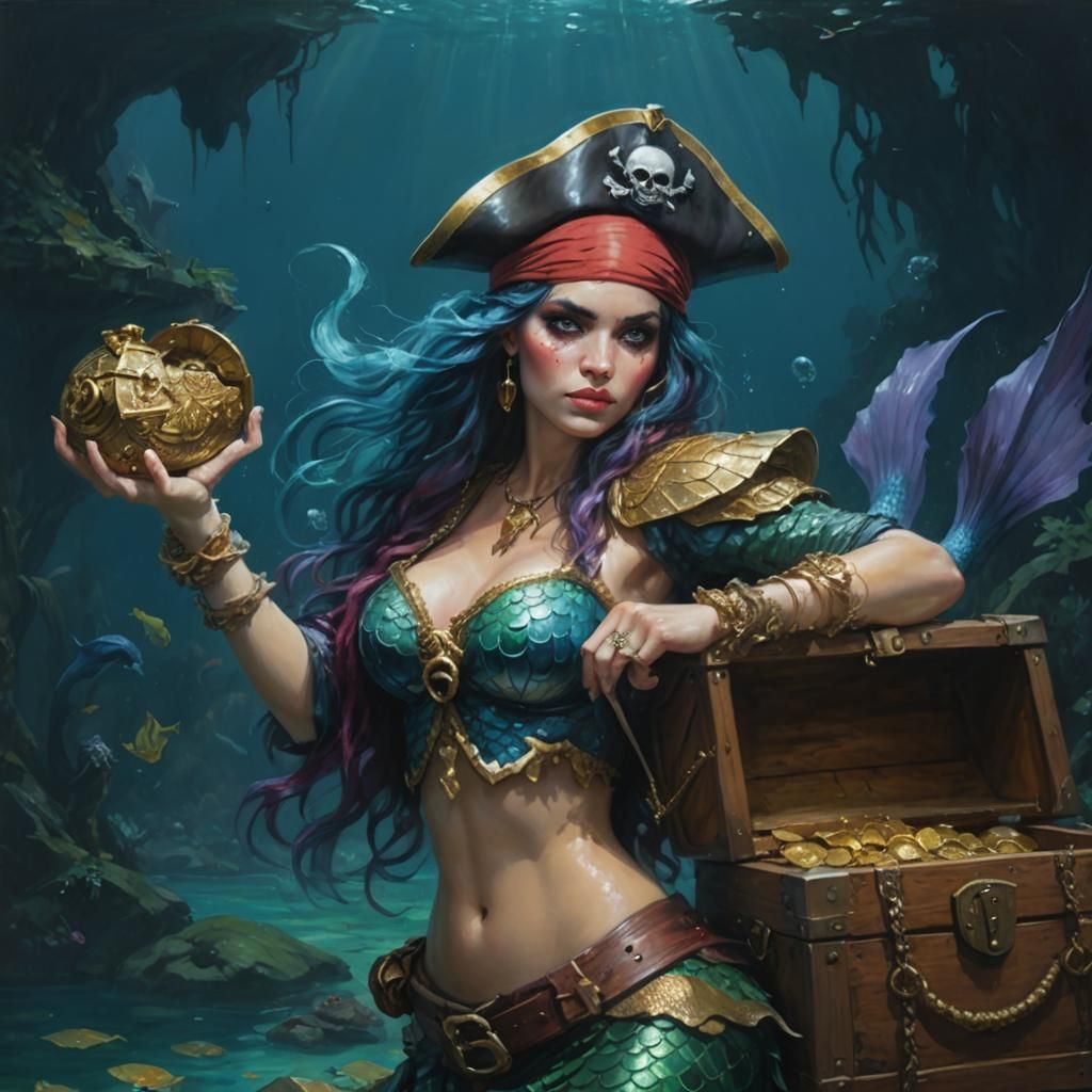 Pirate Mermaid with Treasure Chest, Oil Painting Style