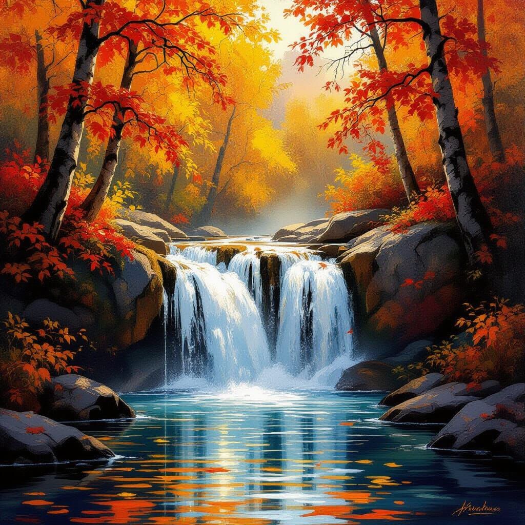 Autumn Waterfall Oil Painting with Golden Foliage