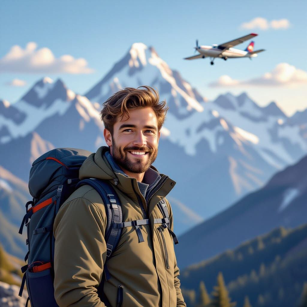 Hiker Smiling Before Majestic Mountains, Airplane in Distanc...