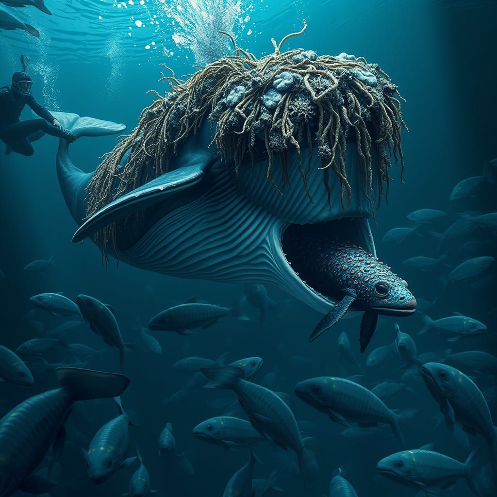 Whale and Diver in Bioluminescent Ocean Depths