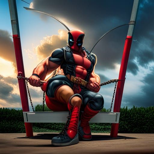 Hyperrealistic Deadpool and Wolverine on Swing Set