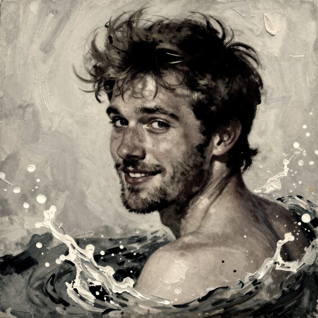 Handsome Man Splashing Water in Gouache Style